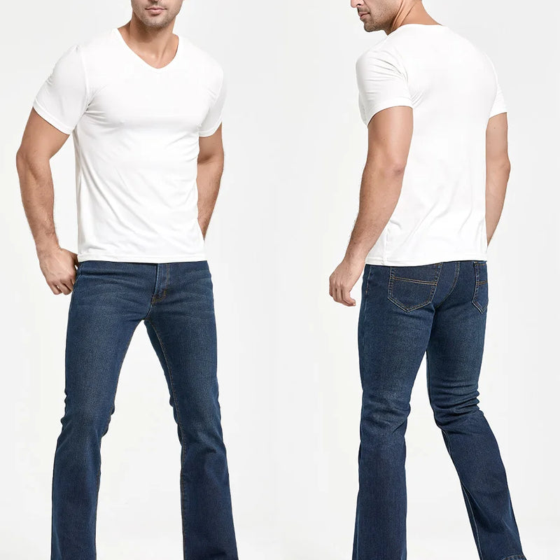 Mens Winter Stretch Denim Jeans Thicken Warm Pants Slim Slightly Flare Trousers Boot Cut Fit Polar Fleece Jeans