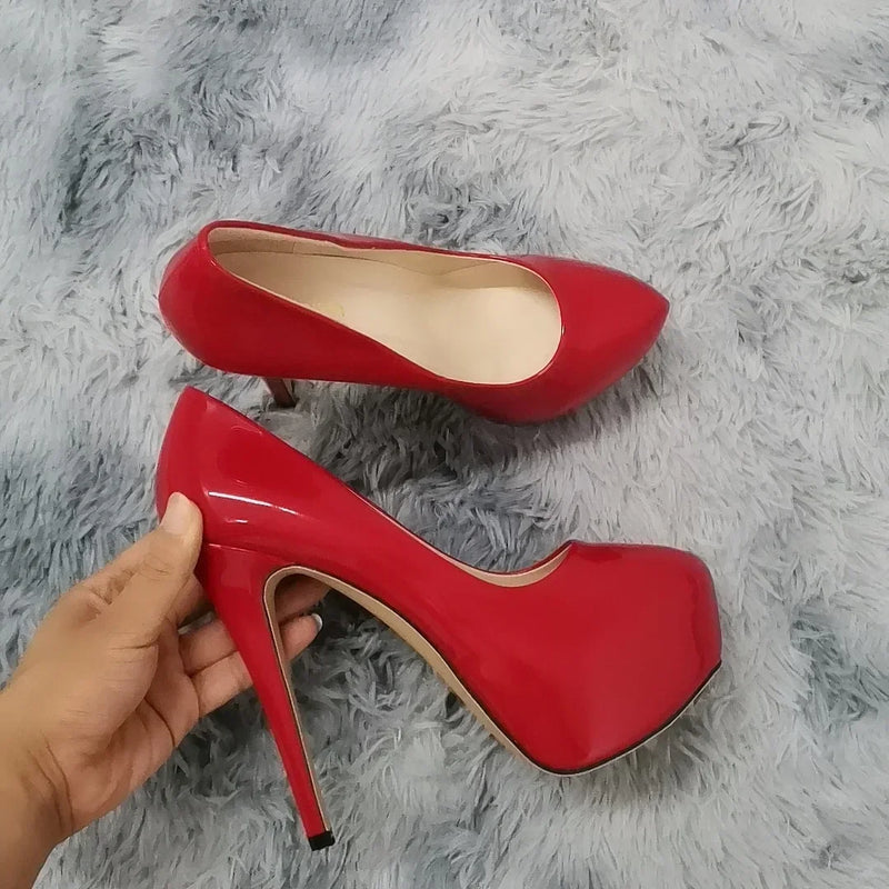 Women Sexy Pumps Stilettos 14cm Super High Heels Round Toes Platform Thin Heel NightClub Party Dress Red Wedding Shoes Big Size