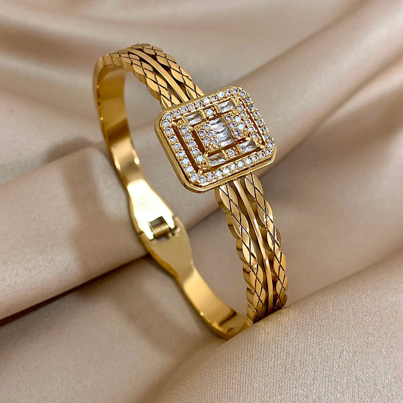 Stainless Steel Bangle Bracelet Inlay Luxury Rhinestones Gorgeous Synthetic Zirconia Geometric Oval Square Stars Shape for Women
