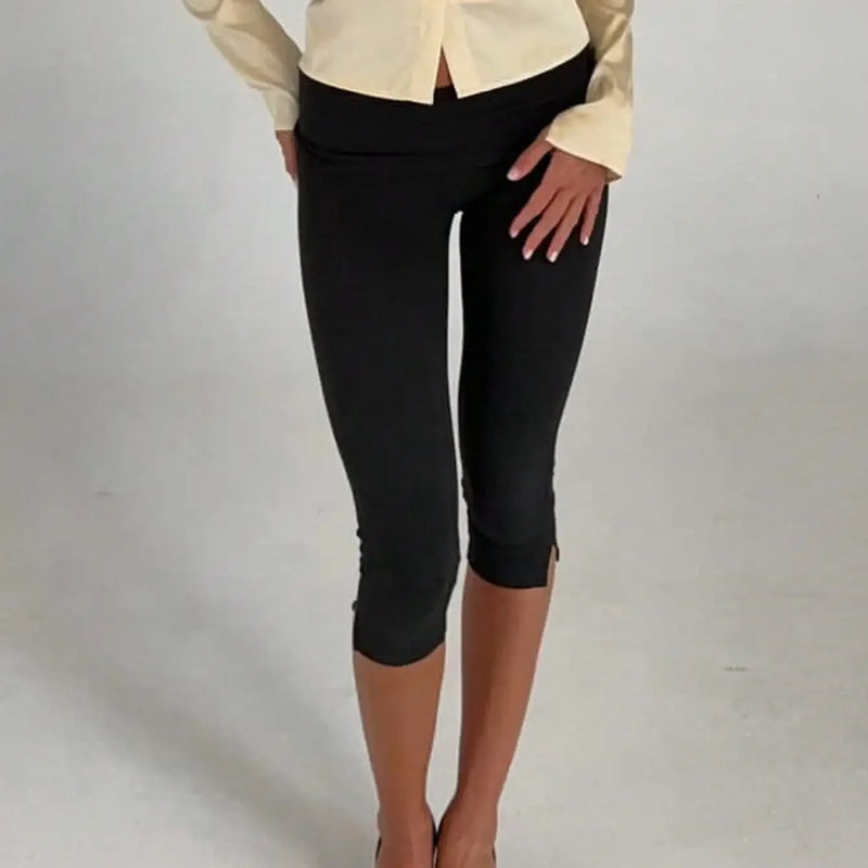 Women's Y2K Low Waist White Capri Leggings Fold Over Waistband Split Hem Solid Color Slim Fit Stretchy Cropped Leggings Buttery