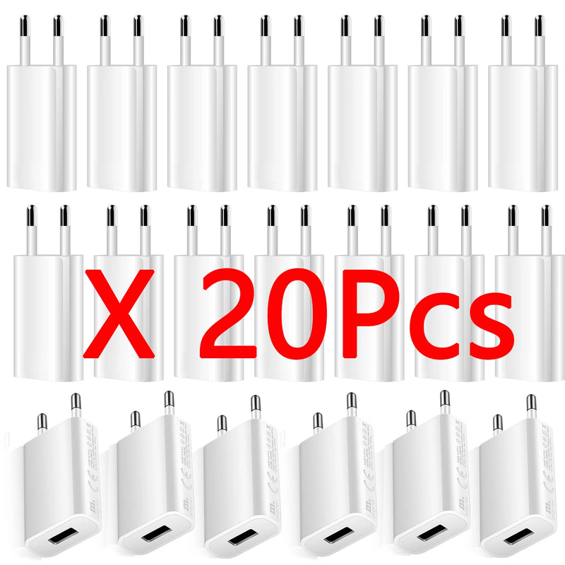 20Pcs Universal 5V 1A USB Wall Travel Charger Head Power Adapter Portable  EU Plug  Charging  For Mobile Phone MP3 7 8 Xs
