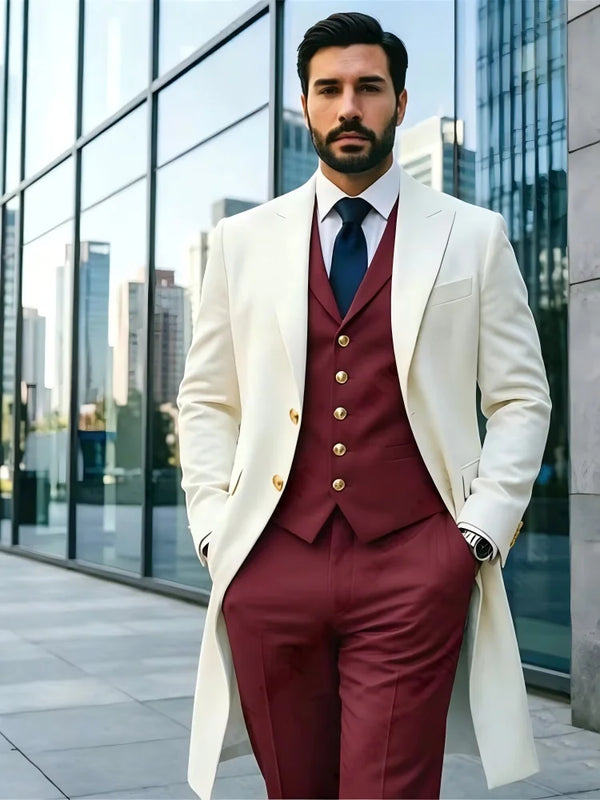 Ivory Long Blazer Men's Suits Single Breasted Wedding | SAMAG
