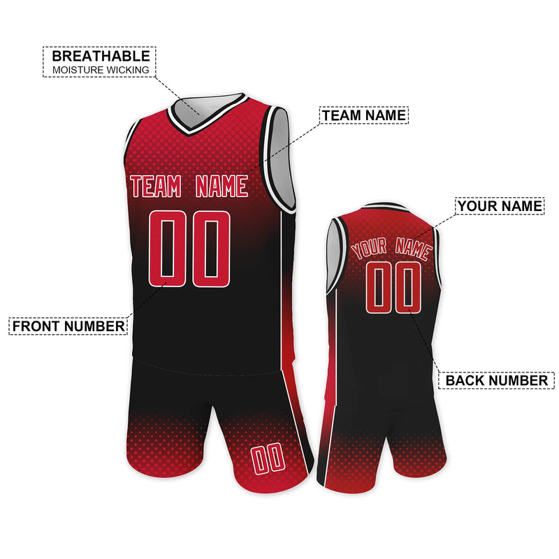 Custom Red Black Sports Basketball Training Uniforms Kids Boys Girls Basketball Jersey and Shorts Kit Printed Team Name Number