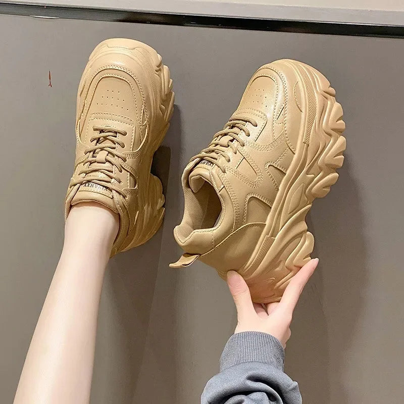Women Platform Casual Thick leather Shoes 2024 New Spring Autumn Chunky Sneakers 8CM Wedges Hidden Heels Leisure Shoes Woman