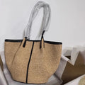 Trendy Handwoven Straw Bucket Bag Color Block Knotted Design Summer Beach Shoulder Tote Vegan Rattan Hobo Purse Vacation Handbag