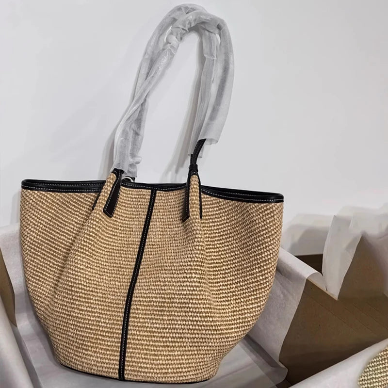Trendy Handwoven Straw Bucket Bag Color Block Knotted Design Summer Beach Shoulder Tote Vegan Rattan Hobo Purse Vacation Handbag