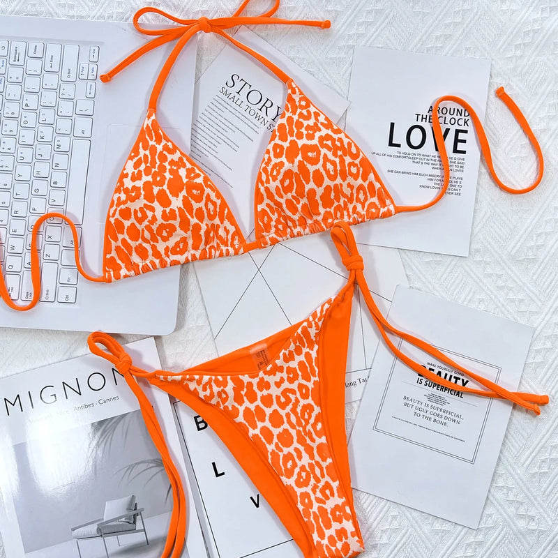 Sexy string leopard print bikinis set swimsuit halter tie | SAMAG