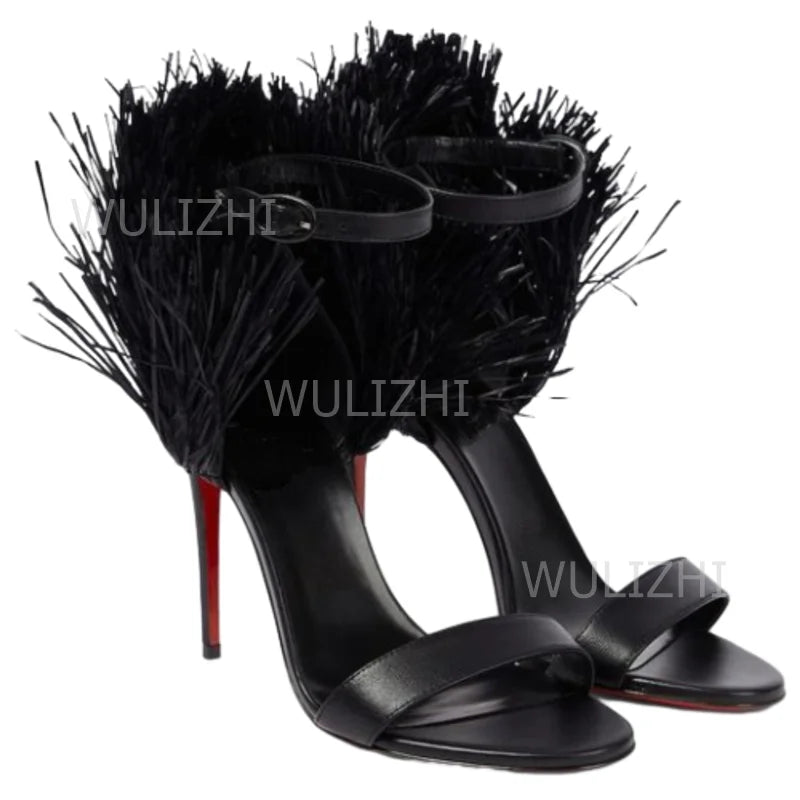 White Tassel Feather Long Straps Heels Girls Cute Open Buckle Sandal Summer Black Tassel-Tie Ankle Strap Slingback Red Sexy Shoe