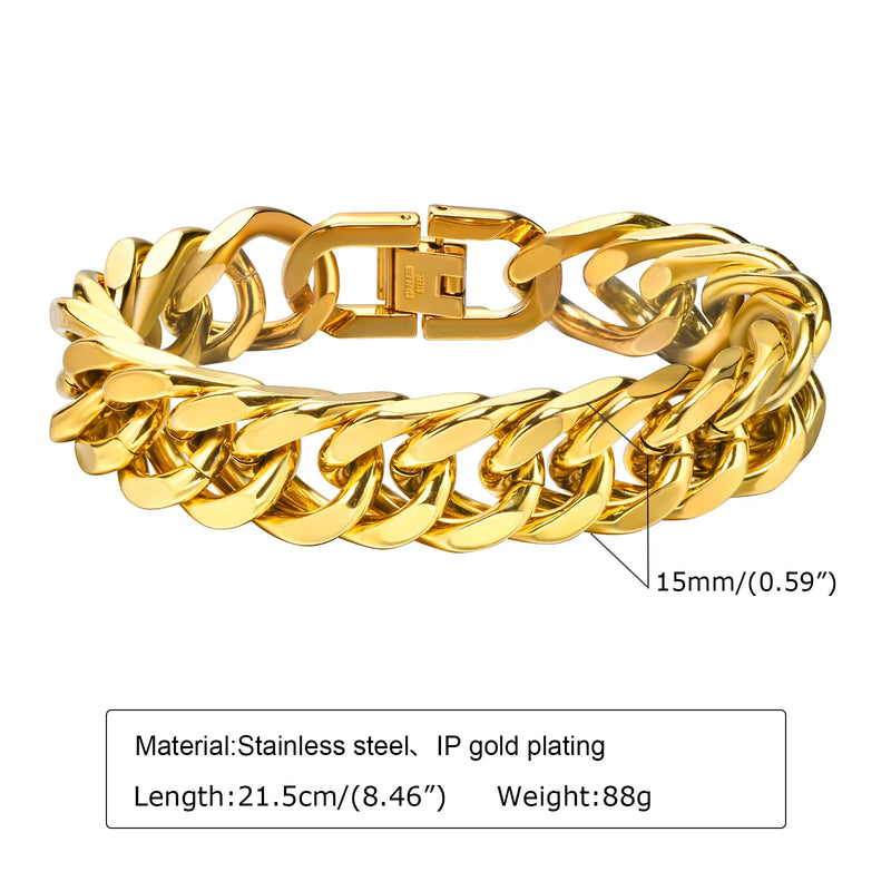Gold Color Men's Chain Bracelet, Hip Hop Stainless Steel Chunky Wristband, Rock Punk Jewelry Gift for Dad - Visuel 25 | SAMAG