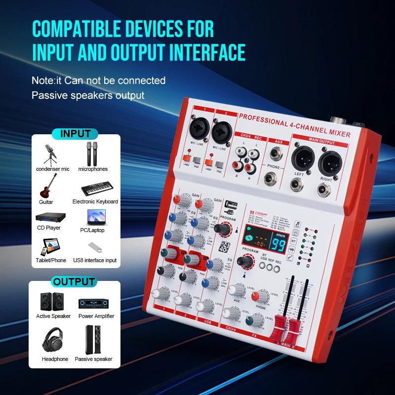 Professional 4 Channel Mixer with USB Audio Interface Bluetooth 48V Phantom Power for Live Performance Karaoke