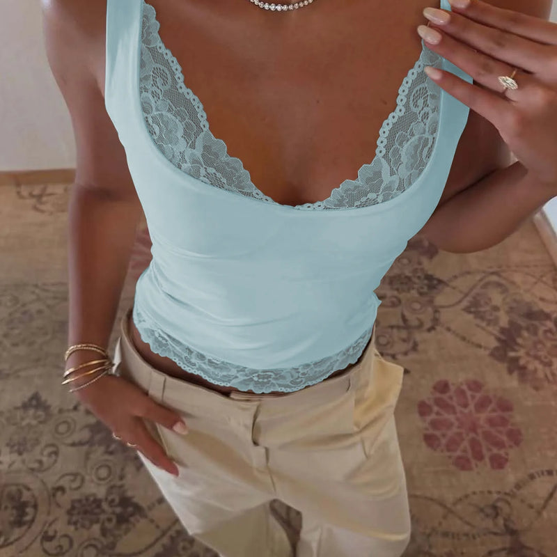 Dulzura Square Collar Backless Slim Lace Ruffles Patchwork Tank Top Women'S Fashion Sexy Y2K Top Party Vacation Summer Clothes