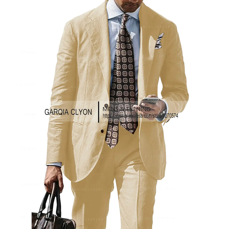 2025 New Casual Men's Suit Jacket Summer Spring Blazer Two Bottom Breathable Cotton Linen Coat 2 Pieces( Jacket+Pants )