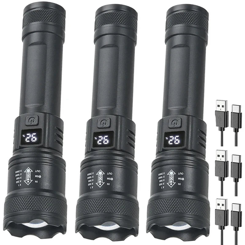 Rechargeable LED Flashlight Zoomable Torch with LCD Display 3 Modes Waterproof High Power Hand Light Outdoor Wilderness Camping