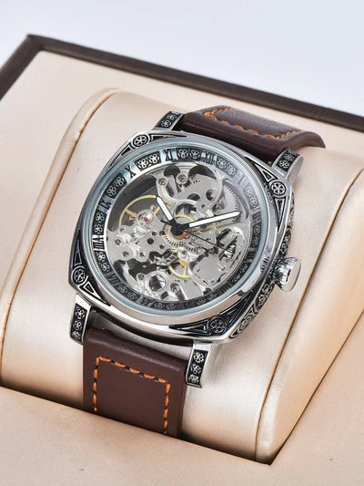 Men Automatic Watch Retro Style Mechanical Watches Skeleton Carve Waterproof Leather No Logo Boyfriend's Gift | SAMAG