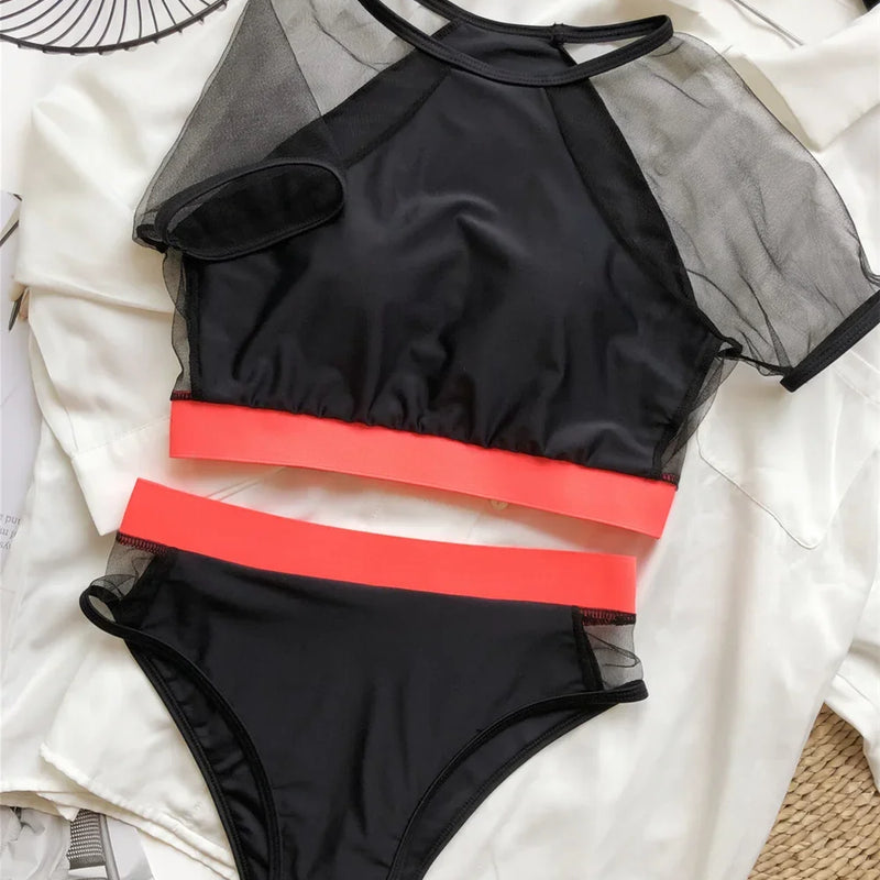 Sexy Mesh Tankini Patchwork High Waist Swimsuit O-neck | SAMAG