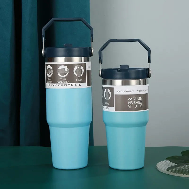 600/890ML Thermos Mug With Straw Stainless Steel Car Insulated Flask Water Tumbler for Outdoor Keeps Cold and Heat Thermal Mug