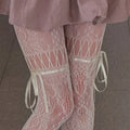 New Gothic Hollowed Lace Tie Fishnet Suspender Socks for Women Sexy Slim Nylon Mesh Thigh High Stockings White Tights Pantyhose