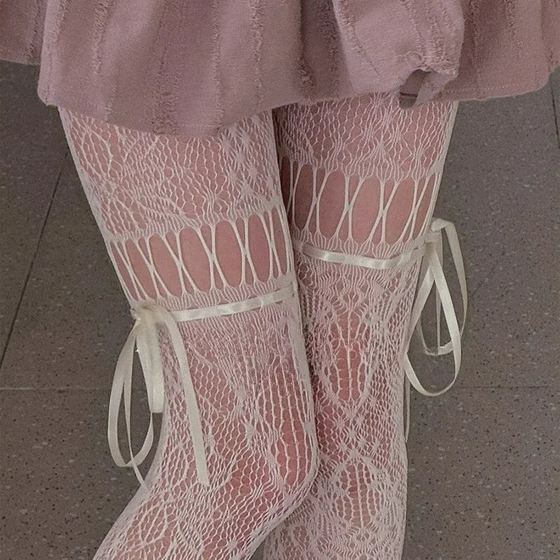 New Gothic Hollowed Lace Tie Fishnet Suspender Socks for Women Sexy Slim Nylon Mesh Thigh High Stockings White Tights Pantyhose