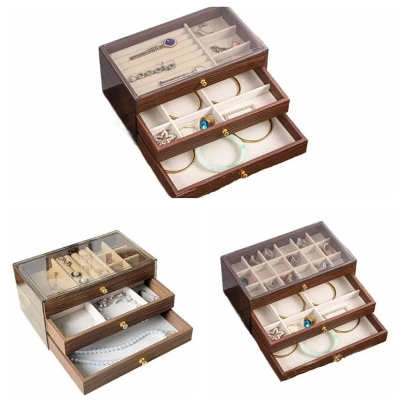 Multi-layer Wooden Jewelry Box Transparent Window Jewelry Storage Case for Ring Necklace Earring Bracelet