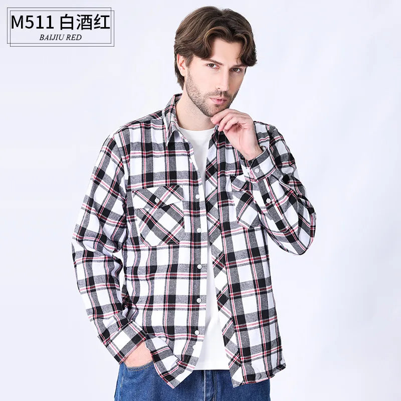American size men's long-sleeved shirt autumn and winter flannel coat plaid casual non-ironing large size with pockets