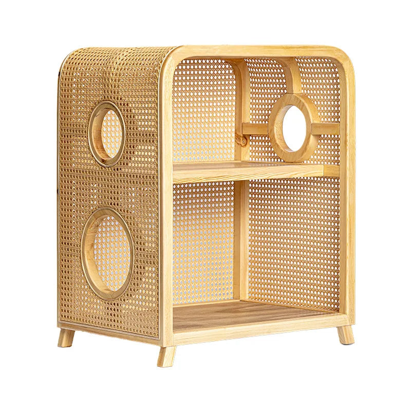 Double-Layer Wicker & Solid Wood Cat Bed for Cats and Small Dogs, Semi-Enclosed Large Cat Sofa, Indoor Pet Nest, Cat House