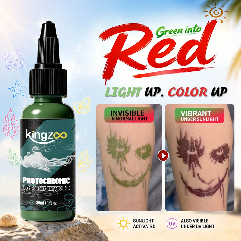 KINGZOO Temporary Tattoo Ink Sun Activated Color Changing Body Art Paint Airbrush Paint for Festival Party Beach Halloween 30ML