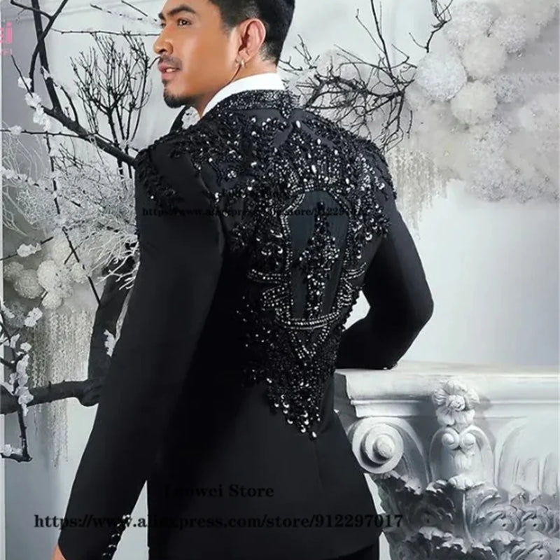 Sparkly Diamond Beaded Men Suit 3 Pieces Set Male Business Blazers Customized Groom Wedding Tuxedos Slim Gem trajes para hombre