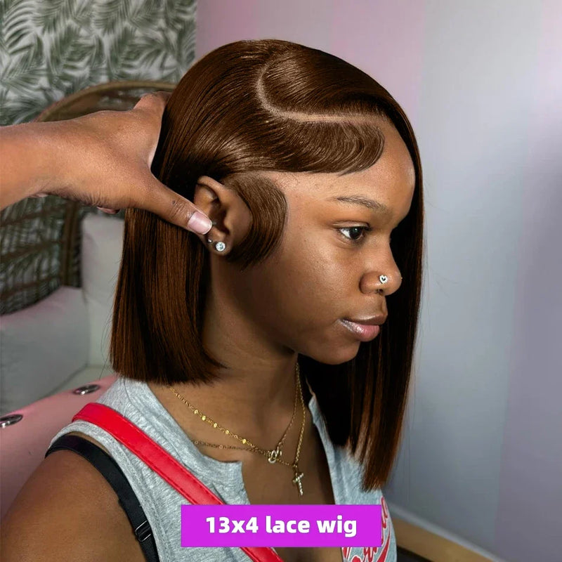 Brown Straight Short Bob Wig 13x4 4x4 HD Lace Frontal Wigs 100% Human Hair Preplucked For Black Woman #4 Color 14 16 Inch