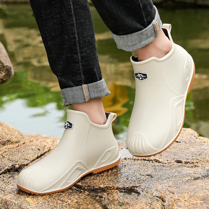 Men's new fashionable and versatile short tube anti slip rain boots, outdoor fishing waterproof shoes, construction work thick s