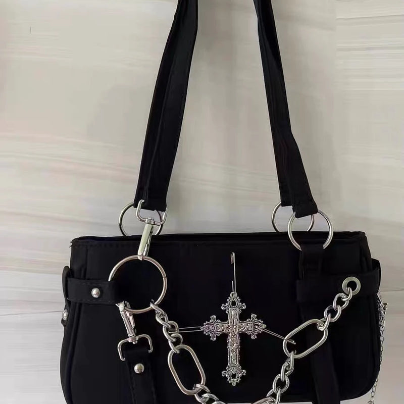 Japanese Vintage Streetwear Punk Women Handbags Y2k Aesthetic Trendy Cross Chain Shoulder Bags Casual Fashion Chic Underarm Bag