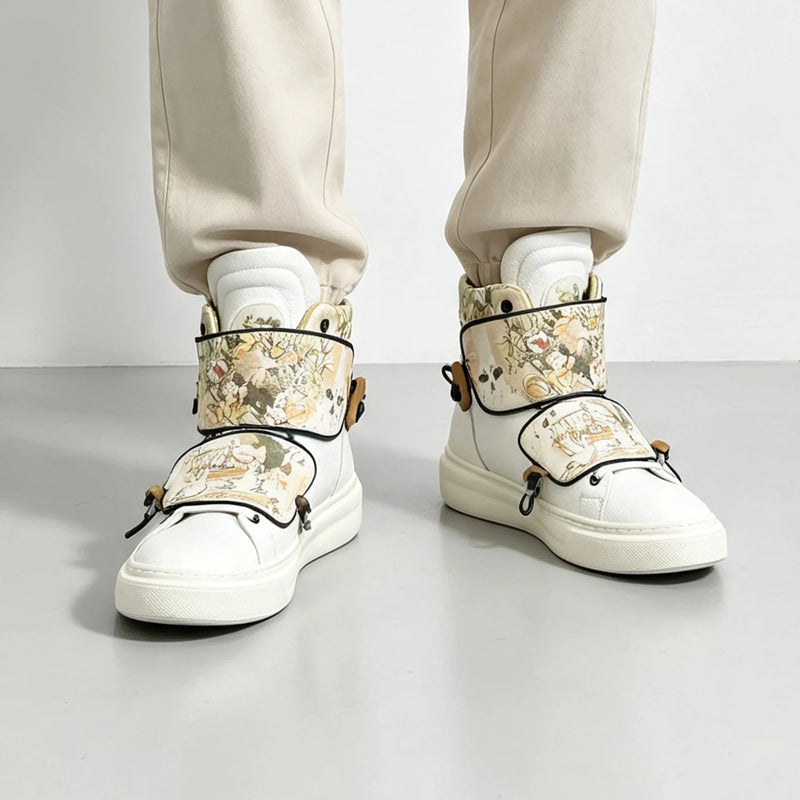 Chinese Style Comic Print High-Top Sneakers for Men, 2026 Autumn New Versatile Thick-Soled Sports Casual Shoes, Trendy White Shoes with Unique Design, Lightweight Skateboard Shoes for Young Men