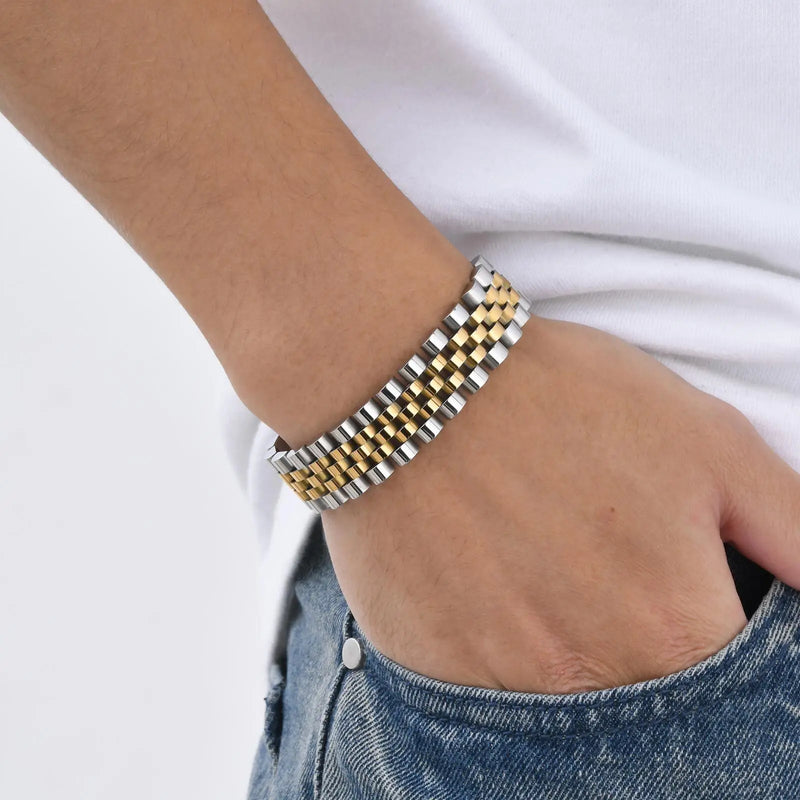 15MM Chunky Watch Band Bracelets for Men,19CM Magnetic Stainless Steel Links Wristband,Stylish Jewelry Gifts for Dad Husband Son