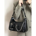 Meet You Y2K Vintage Gothic Black Shoulder Bag for Women Punk Cool Girls Multi-pocket Pu Leather Underarm Bag Trend Tote Bag