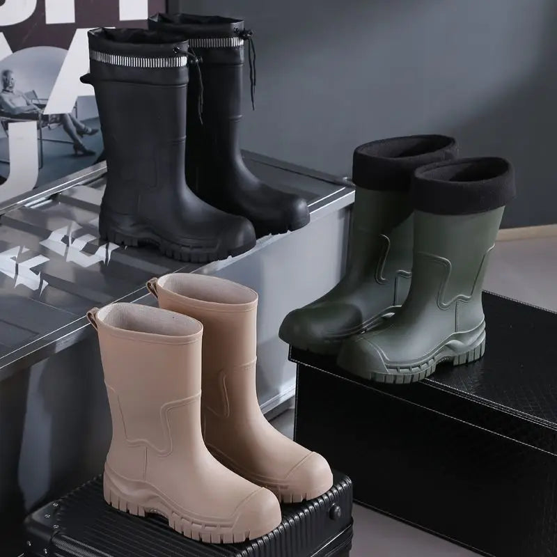 Stylish Men's Tall Rain Shoes New Cinch-Top Waterproof Non-Slip Mid-Calf Boots for Work Fishing Kitchen Use