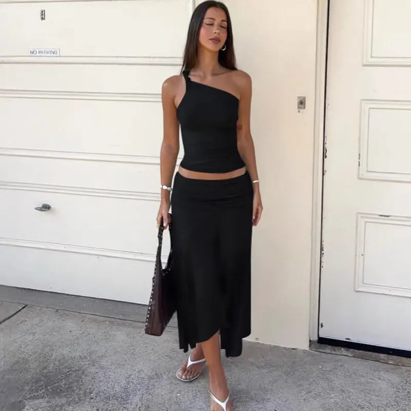 Tossy Fashion Pleated 2 Piece-Set Long Skirt For Women Off-Shoulder Cropped Pullover Top And Slim Long Skirt Sets Female Outfits