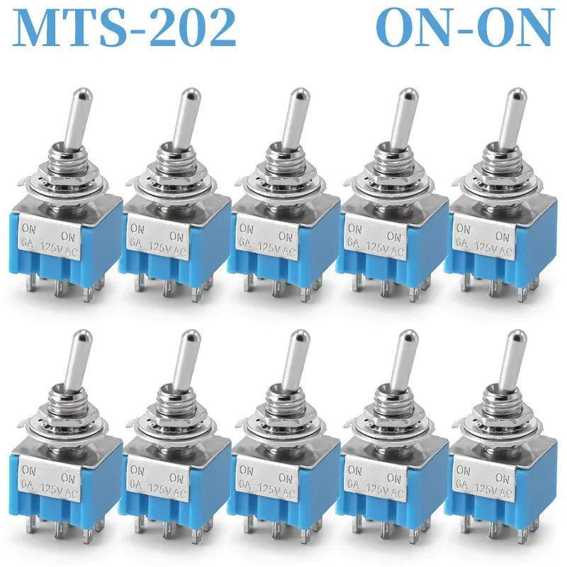 10PCS MTS-102 103 202 203 3Pins 6 Pins Mini Toggle Switch For Switching Lamp Light ON-OFF-ON /ON-ON Switch 6A 125VAC