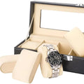 6 Slot PU Leather Watch Box Display Case Jewelry Organizer with Glass Top