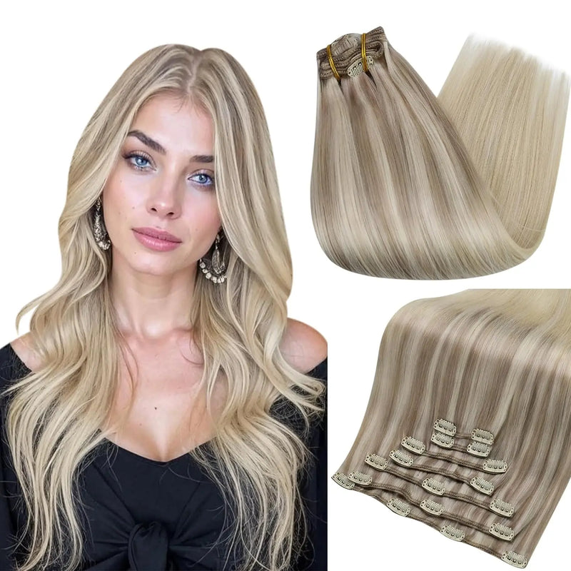 Full Shine Clip in Hair Extensions Human Hair Clip Balayage 7pcs 120g Double Weft Hair Extensions Human Hair For Woman