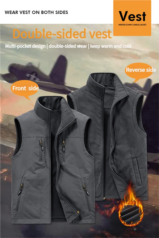 2025 Autumn Winter Thickened Fleece Double-Sided Vest Men's Jacket Warm Outerwear Slim Fit Casual Style Daily