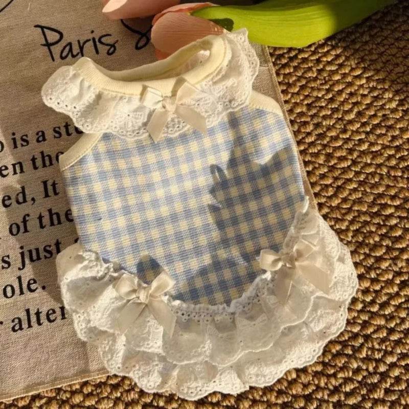 Cute Bow Lace Design Pet Dog and Cat Checkered Clothes Comfortable Breathable Cat Vest Lightweight Small Dog Vest