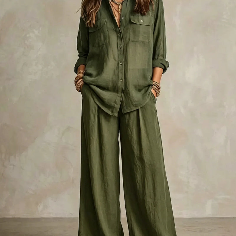 Retro Solid Office Two-piece Set Women's Spring Autumn Fashion Lapel Cardigan Top With Wide Leg Pants Suit Ladies Casual Outfit