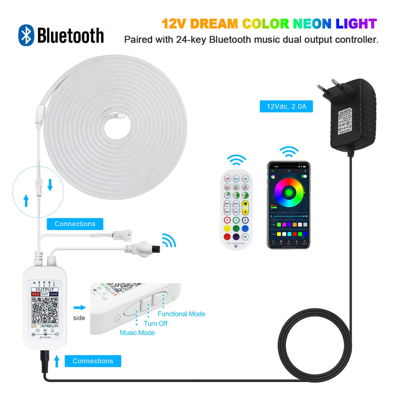 Tuya WiFi Smart WS2811 RGBIC LED Neon Light 12V 24V Waterproof Flexible LED Strip Light Bluetooth LED Tape Ribbon Bedroom Decor
