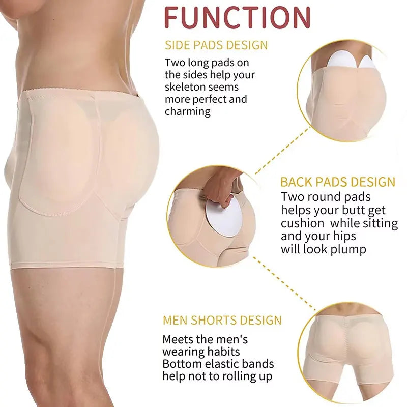Men 4 Removable Padded Boxer Sexy Shapewear Hip Enhancer Breathable Butt Lifter Booty Padded Underwear Short Panties Tummy Control Body Shaper