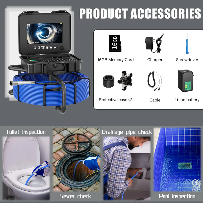 10.1" IPS Sewer Pipe Inspection Camera With Keyboard Meter Counter DVR 7mm Self-Leveling 512hz Locator AHD 1080P Sewer Endoscope
