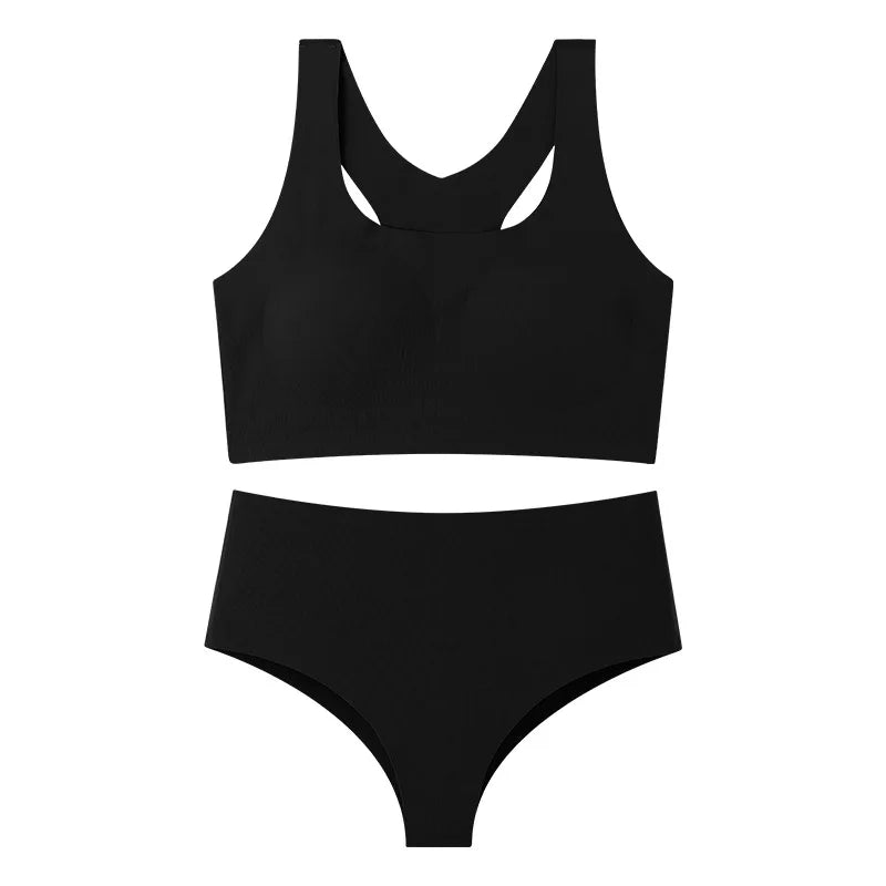 TERMEZY Soft Seamless Wireless Bra Set Minimalist Racerback Bralette Set Sport Yoga Breathable Panties Set Solid Color Intimates