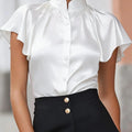 Women's Short Sleeve Satin Blouse Stand Collar Ruffle - View 6 | SAMAG