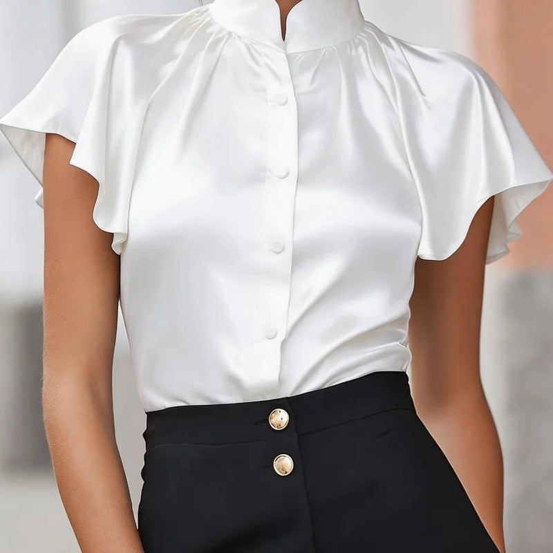 Women's Short Sleeve Satin Blouse Stand Collar Ruffle - View 6 | SAMAG