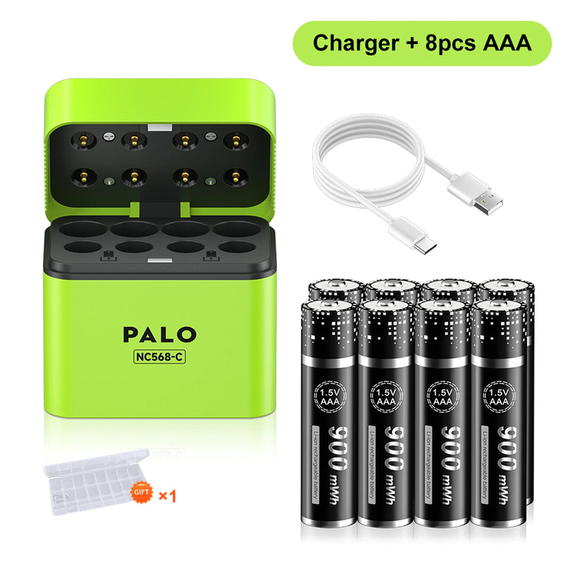 PALO 3400mWh Li-ion 1.5V AA and AAA Rechargeable Batteries with 8-channel magnetic flip charger for 1.5V 2A 3A Lithium Batteries