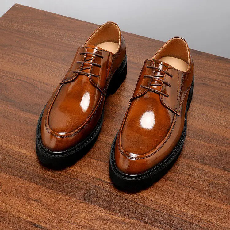 Genuine Cowhide Leather Loafers for Men Glossy Slip on Thick Sole Elevator Formal Casual Dress Shoes for Summer