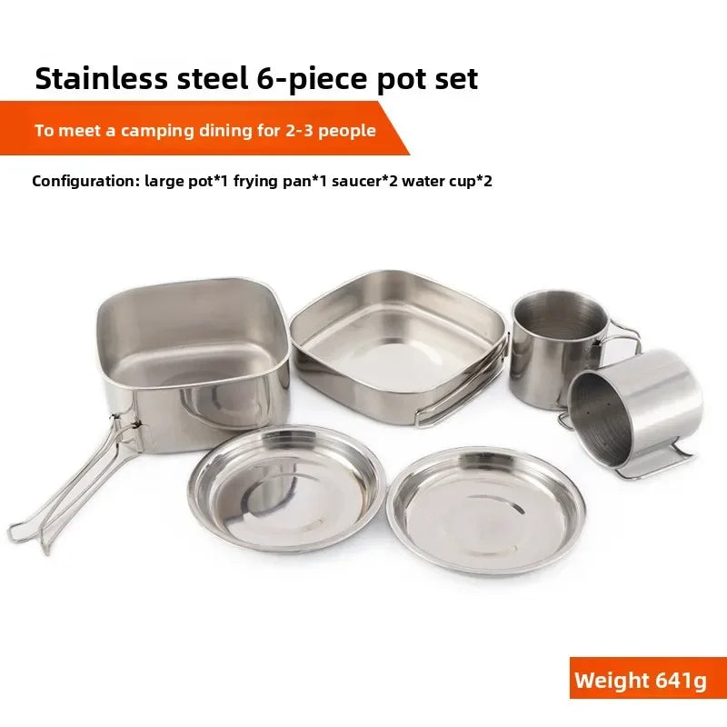 CLS Outdoor 6-Piece Stainless Steel Camping Cookware Set Portable Hiking Picnic Bowl 3-4 Person Barbecue Combination